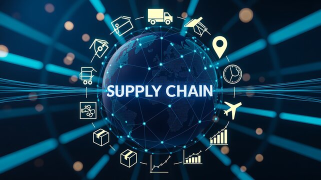 Supply chain logistics network with transportation and distribution icons
