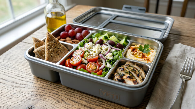 Modern partitioned reusable bento lunch box containing healthy salad grilled chicken hummus grapes pita bread on a rustic wooden table with lunchbox container nutrition reusable