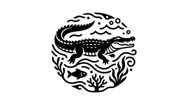 Circular wildlife emblem with crocodile and sea life