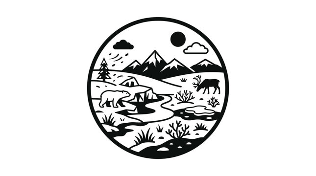 Circular wildlife mountain landscape with bear and elk.