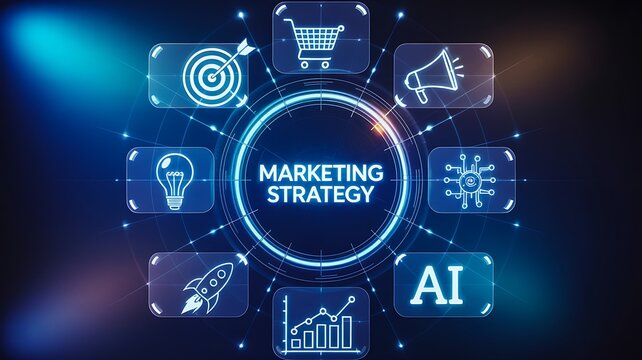 Marketing strategy concept with digital business icons and artificial intelligence technology