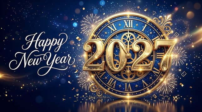 Golden 2027 numbers with ornate clock face and fireworks on a dark blue festive background