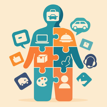 Integrated services concept with human puzzle pieces and diverse solution symbols