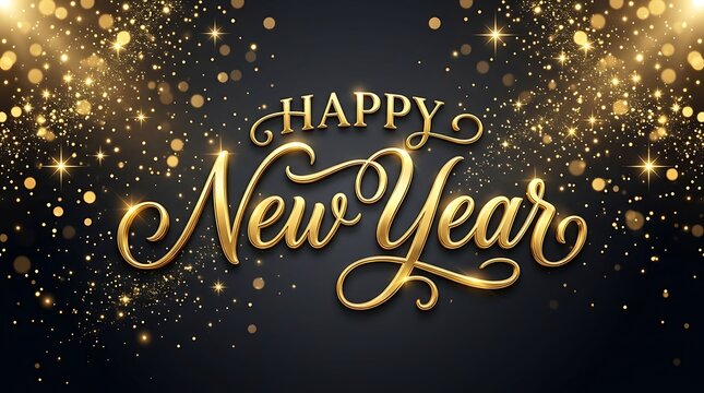 Gold Happy New Year text with glowing sparkles on a dark black background for holiday greeting cards