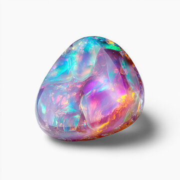Iridescent opal gemstone cabochon with rainbow fire and translucent crystal texture