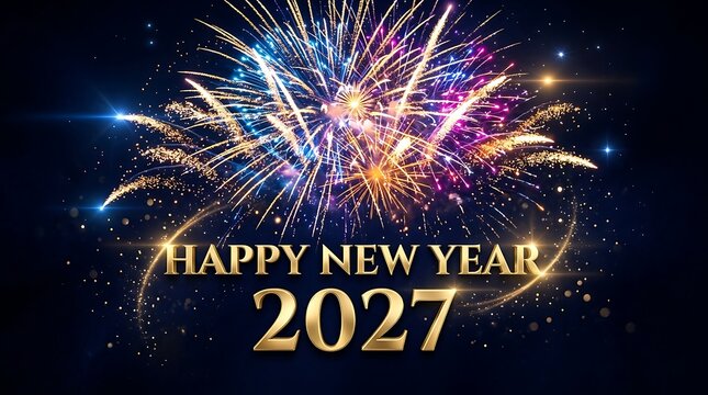 Golden Happy New Year 2027 text with vibrant colorful fireworks display against a dark blue night sky