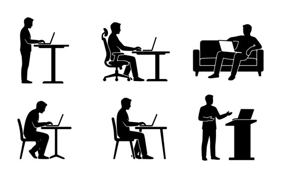 Office Work Postures Collection: Standing Desk, Ergonomic Chair, Sofa, Bad Posture, Presentation, 6 Vector Icons