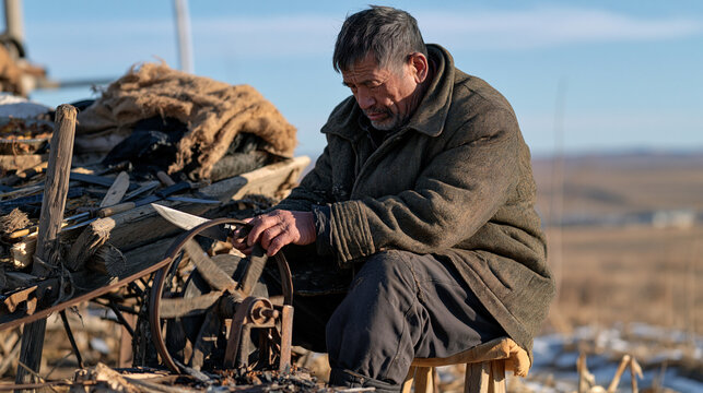An elderly knife sharpener sits on a low stool in a quiet rural landscape, a grinding wheel spinning slowly beside a worn wooden cart as soft February overcast light settles across frost-tipped fiel