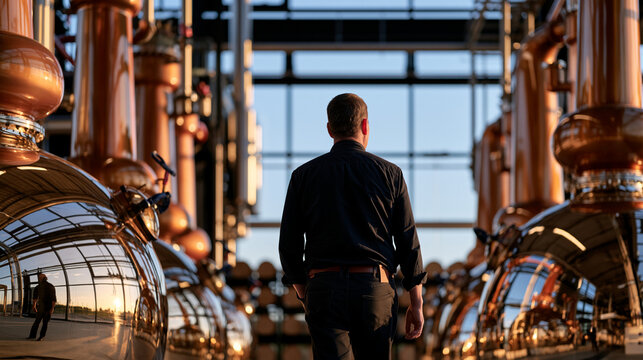 An elderly master distiller walks a twilight production floor between copper pot stills, a purposefully designed sensory break alcove visible in the corner with acoustic panels and low lighting, blu