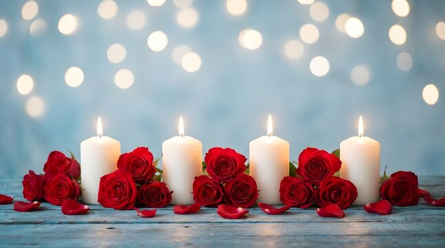 Four burning white candles surrounded by red roses on a wooden table background