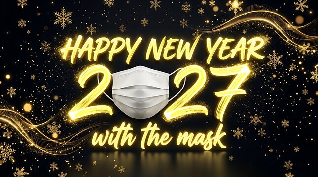 Happy New Year 2027 greeting card featuring a white medical face mask on a golden glitter background