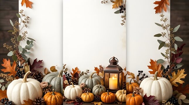Autumnal background with white pumpkins and decorative fall leaves surrounding a blank white space for text