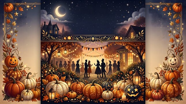 A festive outdoor autumn party scene with people dancing under string lights surrounded by pumpkins at night