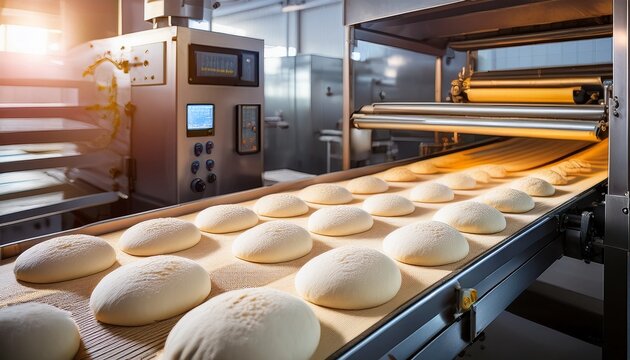 raw bread dough portions moving on a conveyor belt in a commercial bakery automated flour sprinkling machine in industrial food production facility