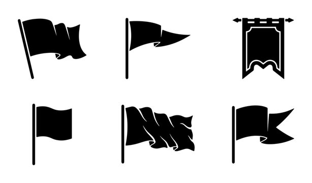 Set of 6 Black Flag and Banner Silhouettes, Vector Icons for Navigation, Celebration, and Sports Events