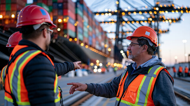 Elderly port operations foreman guides a new recruit along a golden hour quayside, pointing toward a massive container vessel being unloaded by gantry crane, the older man's weathered face lit by lo