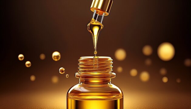 golden serum drop falling into a bottle