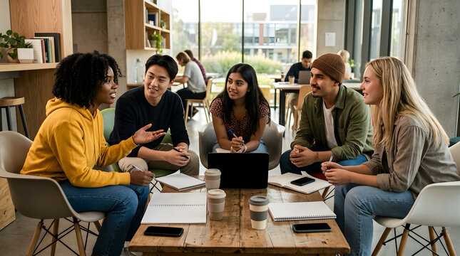 Diverse group of young students collaborating and studying together in a modern campus library setting with students collaboration studying education teamwork discussion learning