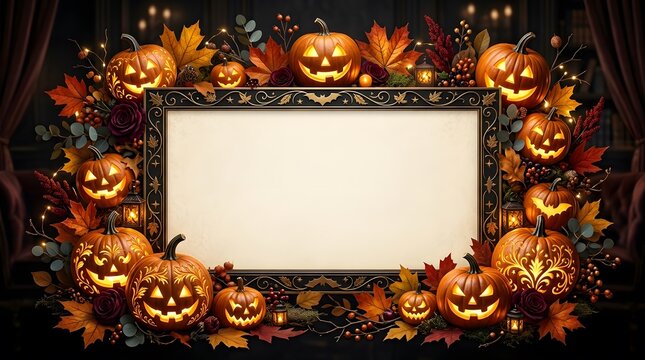 A festive halloween frame featuring glowing jack o lanterns and autumn leaves with a blank center space