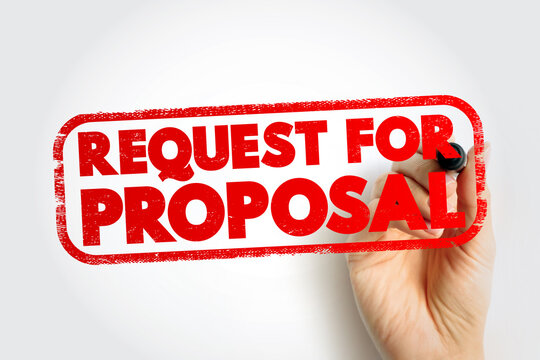 Stamped text REQUEST FOR PROPOSAL with hand holding marker. Business concept about contract, tender, and formal document request with textured rectangular stamp