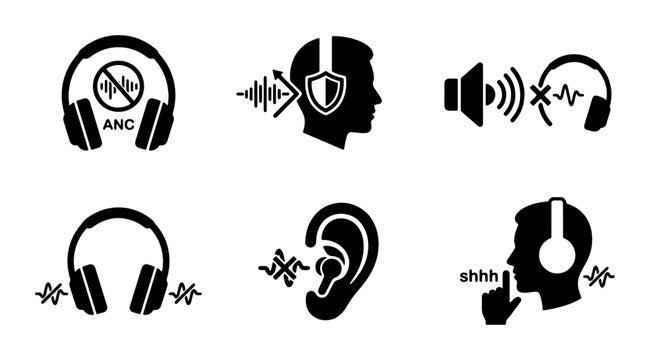 Audio Noise Cancellation Icons, Sound Protection, Hearing Health, Headphones, Ear, Silence, 6 Vector Graphics