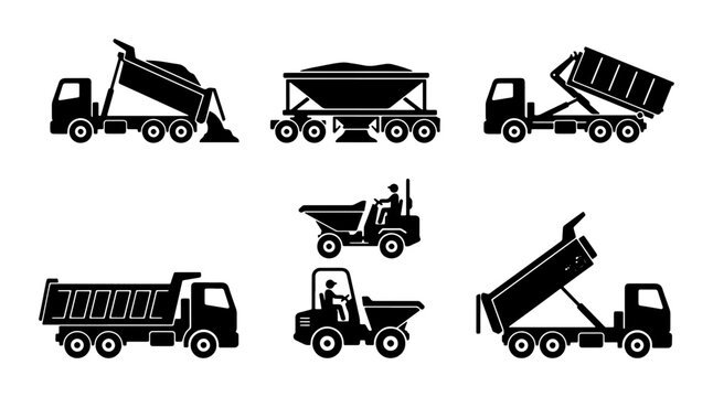 Construction Trucks and Dumpers Vector Icons Set, Heavy Machinery Silhouettes for Industrial and Transport Graphics
