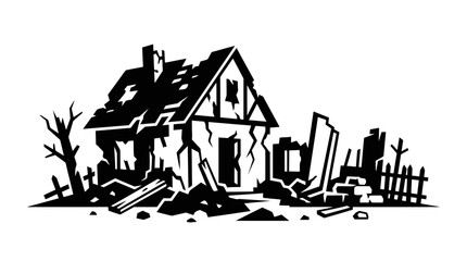 Naklejka premium Cracked building ruins after war or disaster icon.