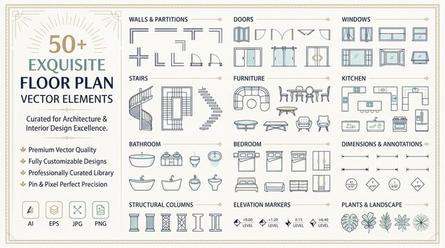Exquisite floor plan vector elements, 50 architectural icons for interior design, professional blueprint symbols for house planning