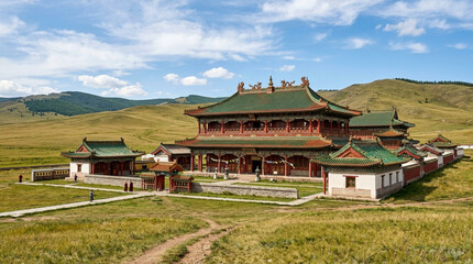 Fototapeta premium Majestic Buddhist Monastery in Mongolian Steppe Landscape