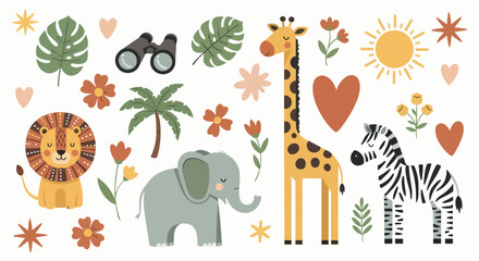 Obraz premium Illustration set of cute safari animals, tropical plants, and adventure icons on a white background.