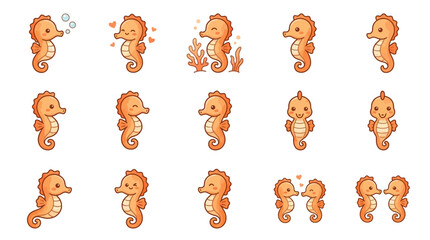 Orange seahorse stickers with bubbles and coral motifs. © Khoirul