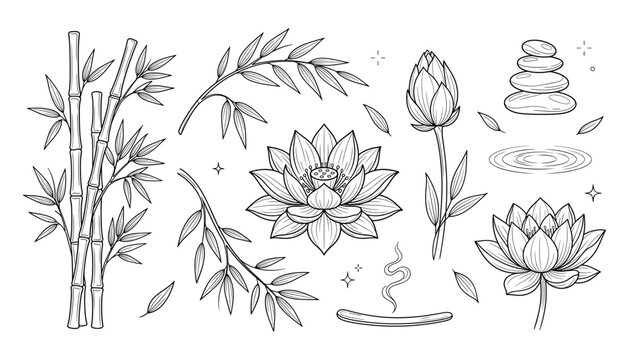 Zen spa vector element collection with lotus flowers bamboo leaves incense burner and stacked balance pebbles line art