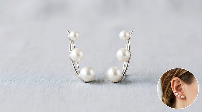 Pearl and diamond ear crawler earrings on white surface with jewelry box