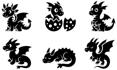 Obraz premium Set of six black silhouette of cute cartoon dragons in various poses including hatching from an egg and sitting on a plain white background, for kids
