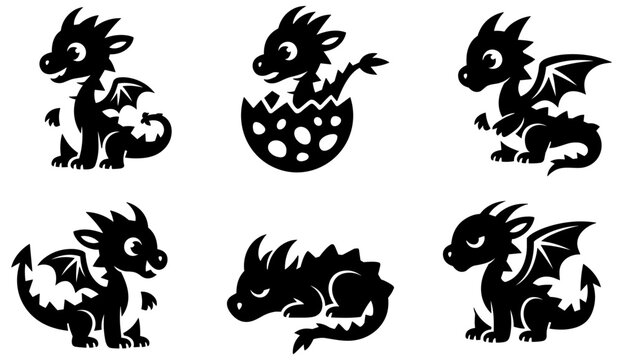 Six black silhouette of small cartoon dragons in various poses including hatching from an egg and sleeping on a plain white background, for fantasy