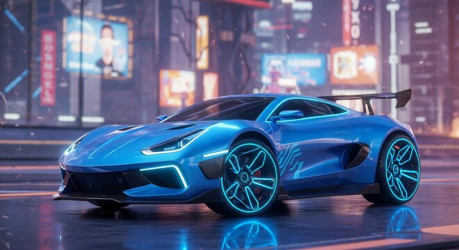 Futuristic blue sports car with neon lights driving on a wet street in a cyberpunk city at night