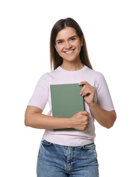 Happy teacher with notebook on white background