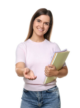 Happy teacher with notebooks on white background