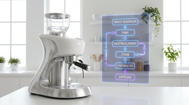Modern stainless steel espresso machine with holographic digital workflow chart on kitchen countertop