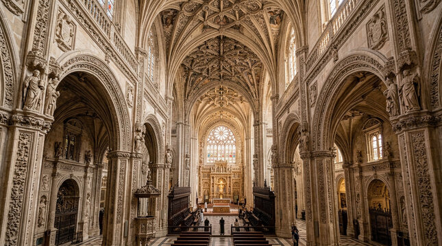 Grand Cathedral Interior, Ornate Gothic Architecture, Stained Glass Window, Faith Symbolism