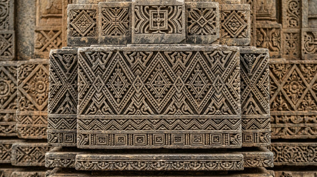 Ancient Stone Carvings: Intricate Geometric Patterns on Temple Wall