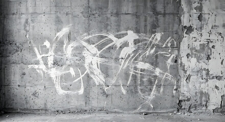 Fototapeta premium Grungy abstract white graffiti painted on a weathered industrial concrete wall with a raw textured surface in an urban setting