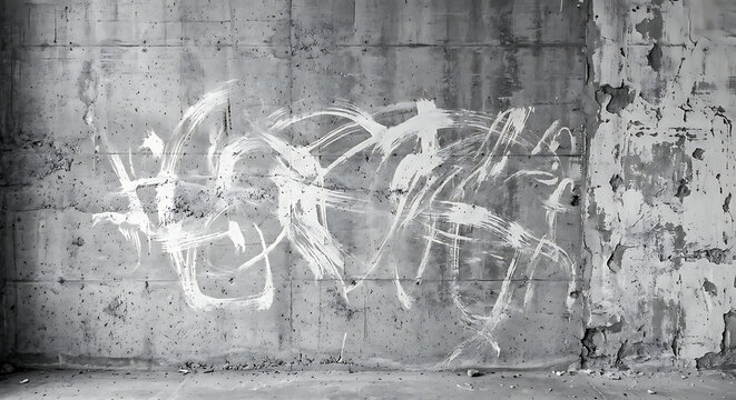 Grungy abstract white graffiti painted on a weathered industrial concrete wall with a raw textured surface in an urban setting