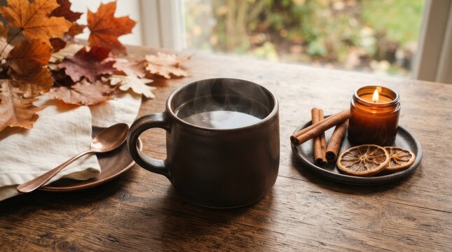 Black coffee mug with cinnamon sticks and a burning candle on a wooden table with fall autumn leaves in a cozy home setting