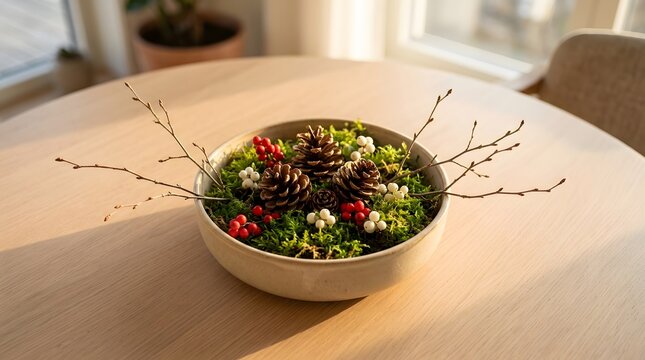 A beautiful spring table centerpiece with colorful flowers and branches in a bowl