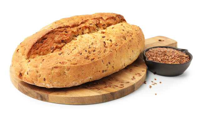 Loaf of fresh bread with flax seeds isolated on white