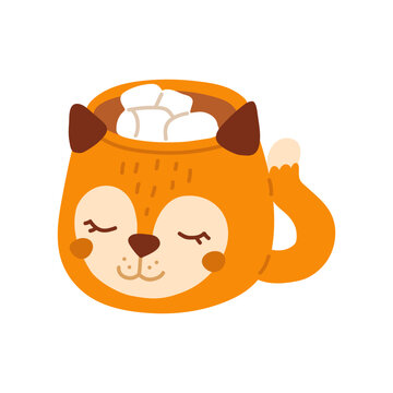vector autumn fox mug filled with marshmallows, featuring a cozy playful design for fall, Halloween, hot drinks, seasonal kitchen decor, gifts and children's products.