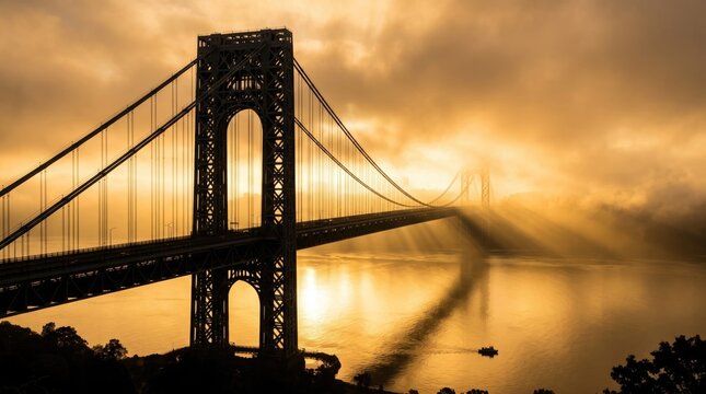 Suspension bridge over river during misty golden morning sunrise with suspension, landmark
