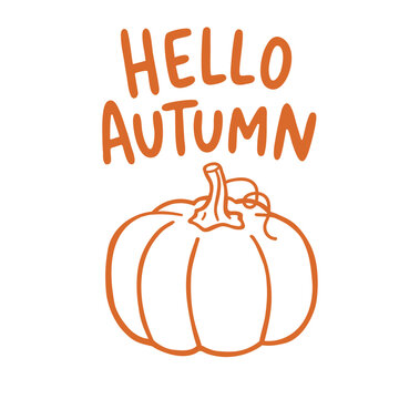 Hello Autumn vector sticker featuring a simple pumpkin, warm hand lettering and classic fall symbolism for seasonal greetings, harvest, Thanksgiving, Halloween and autumn designs.