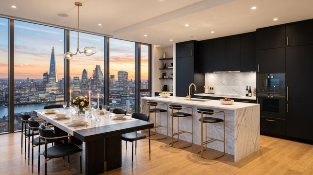 Modern luxury apartment kitchen and dining area with skyscraper cityscape sunset view
